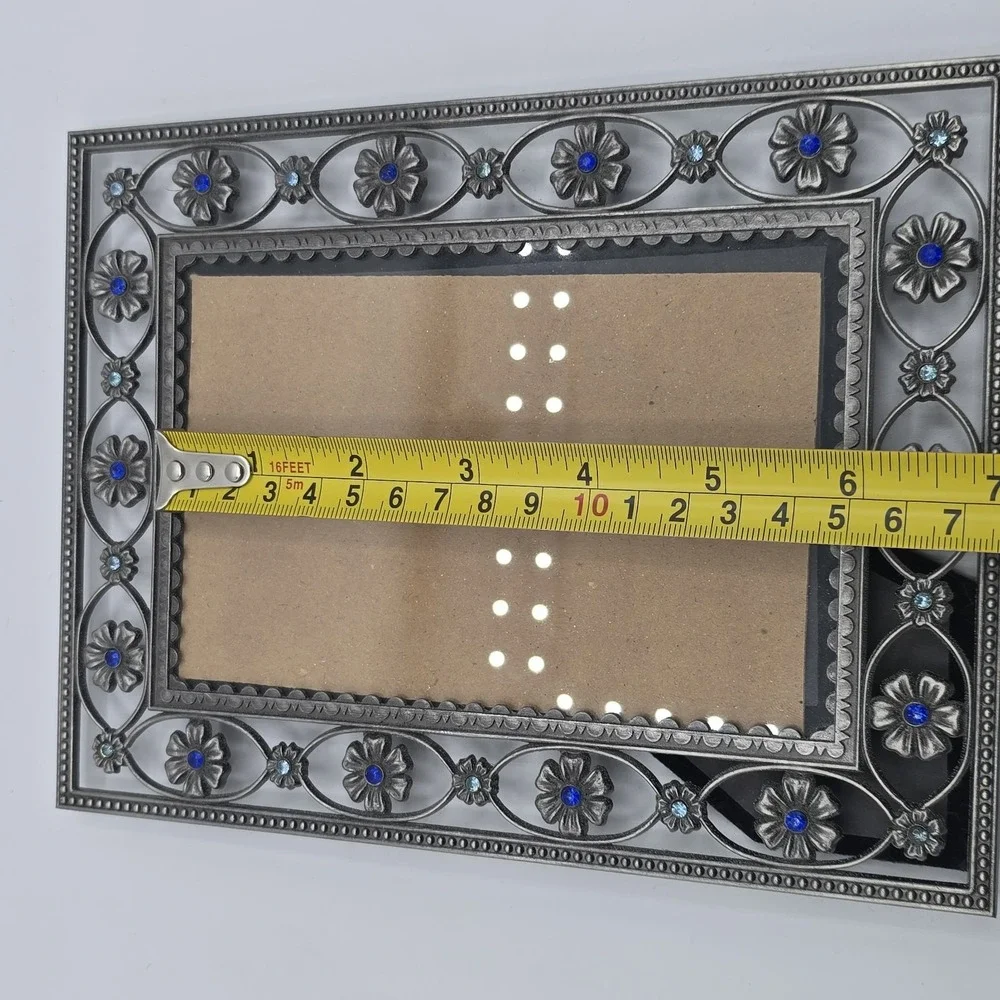 Heirloom Silvertone Floral Blue Jewel Design Photo Picture Frame Vtg